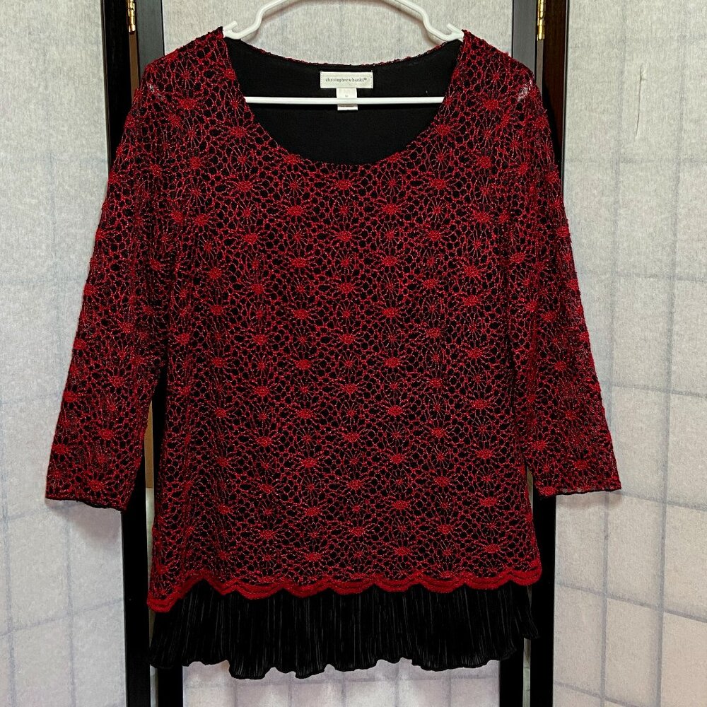 Christopher Banks Long Sleeve Overstitch Lace Sheer Lined Ruffle Tunic Red Black